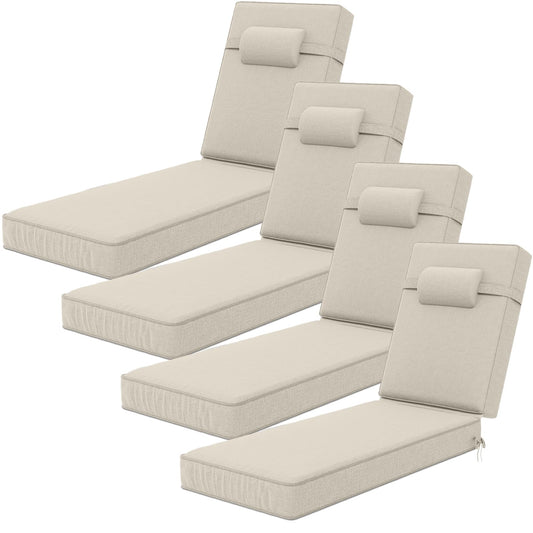 Olefin chaise lounge cushion set of 4, weather-resistant, with headrest, 72x21x4.