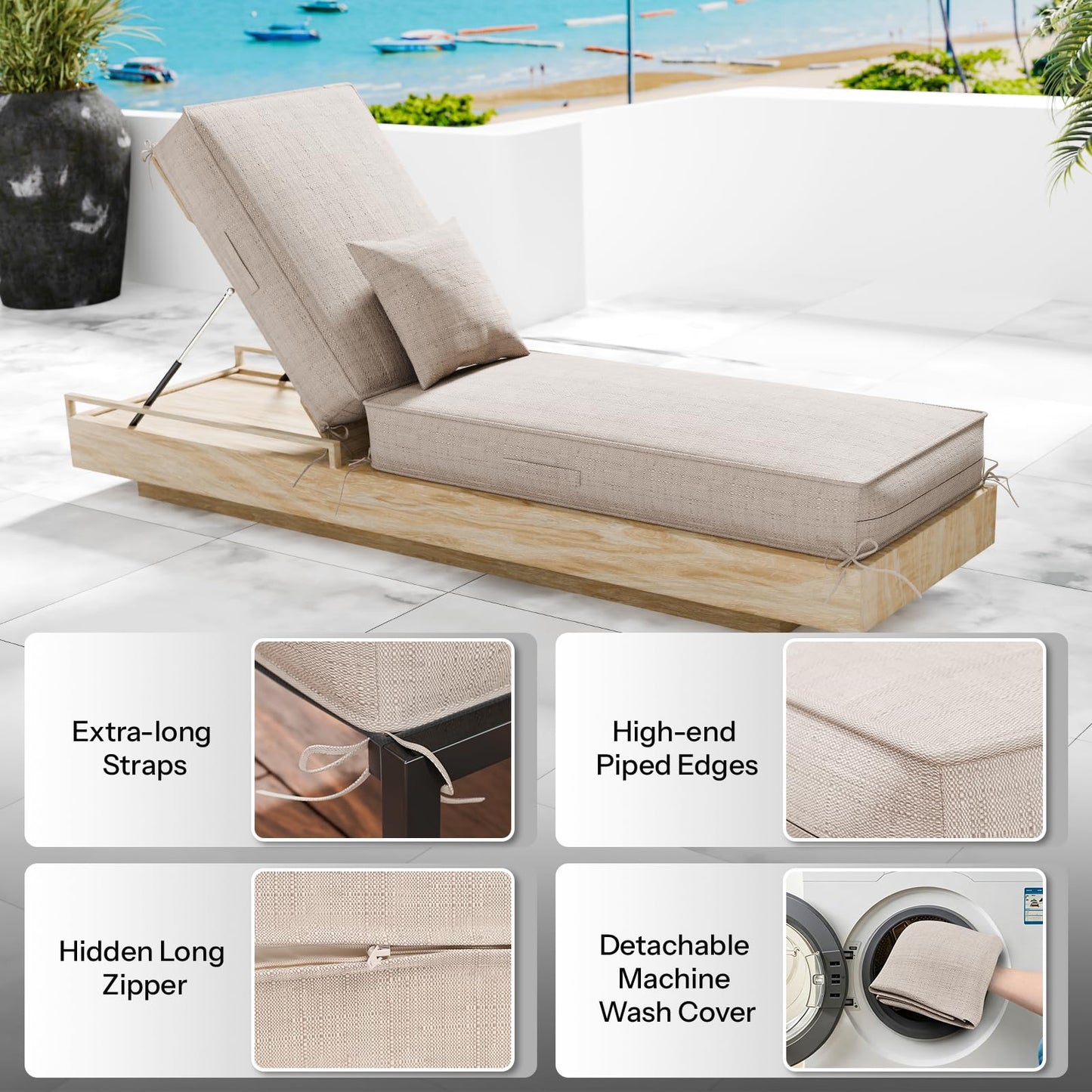 Outdoor chaise cushion set of 2, waterproof olefin, 80x26x6, light beige with straps.