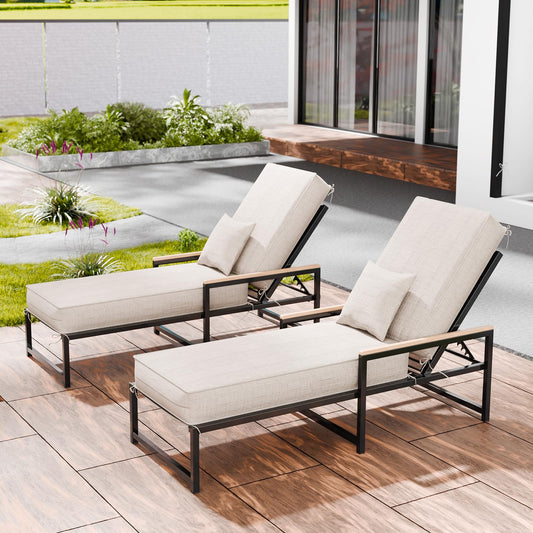 Outdoor chaise cushion set of 2, waterproof olefin, 80x26x6, light beige with straps.