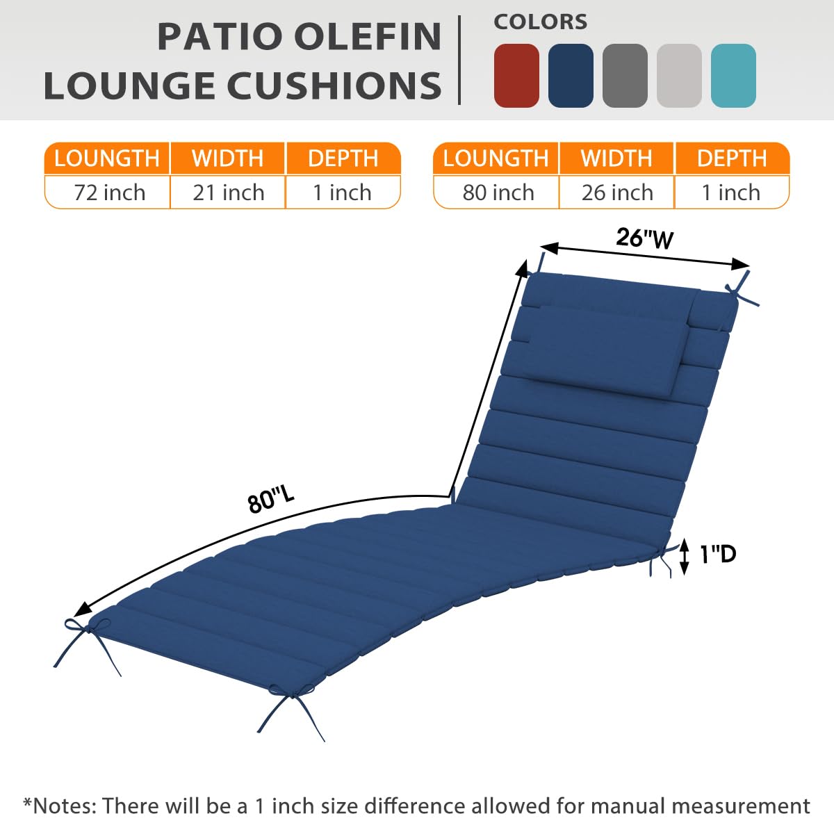 Sundale quilted lounge cushion set of 4, water-resistant, foldable, dark blue 80x26.
