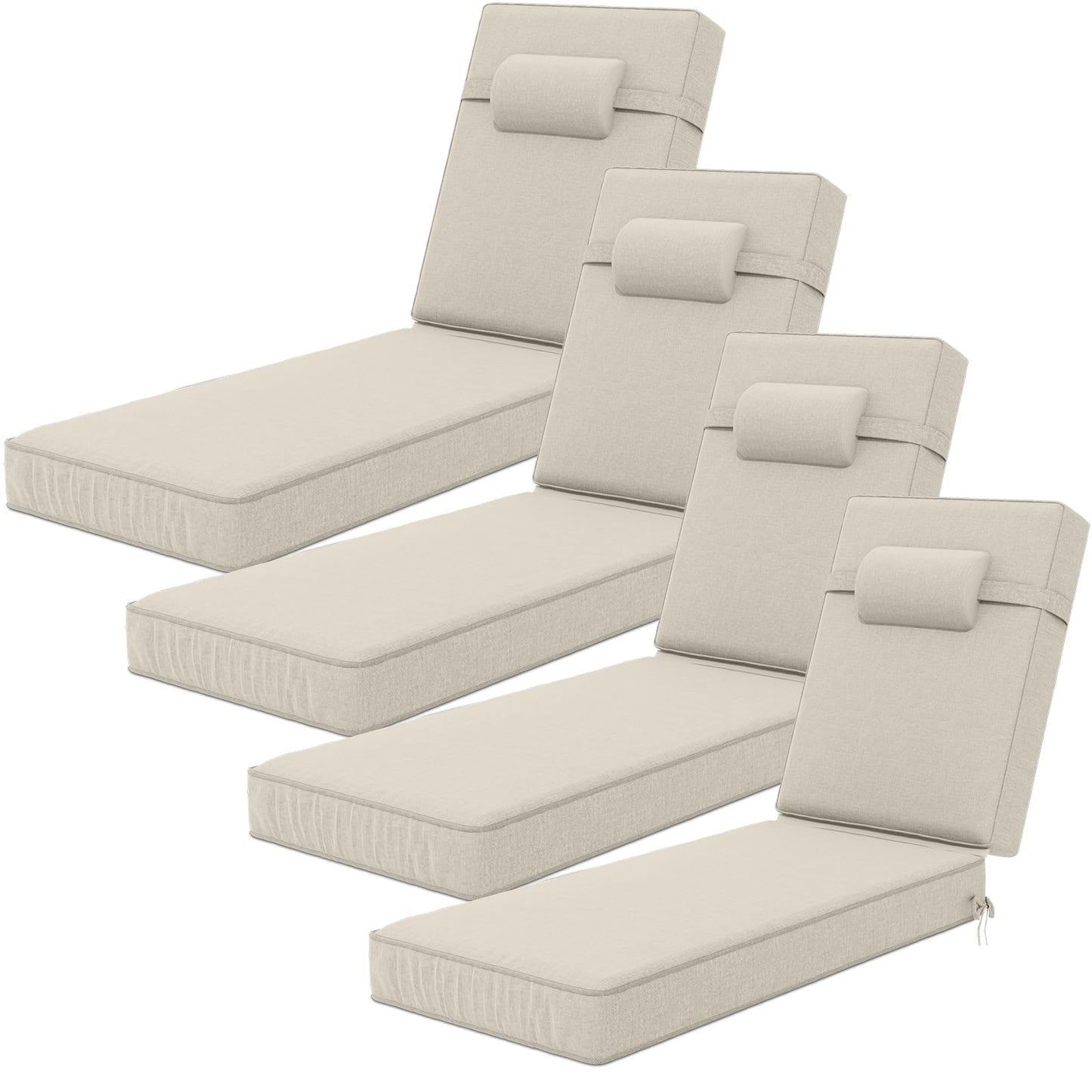Olefin chaise lounge cushion set of 4, weather-resistant, with headrest, 72x21x4.