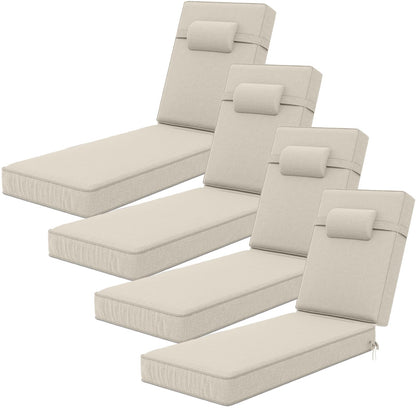 Olefin chaise lounge cushion set of 4, weather-resistant, with headrest, 72x21x4.