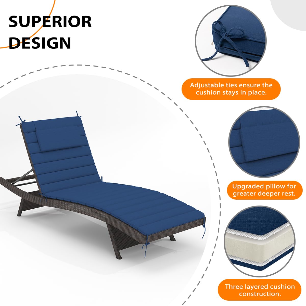 Sundale quilted lounge cushion set of 4, water-resistant, foldable, dark blue 80x26.
