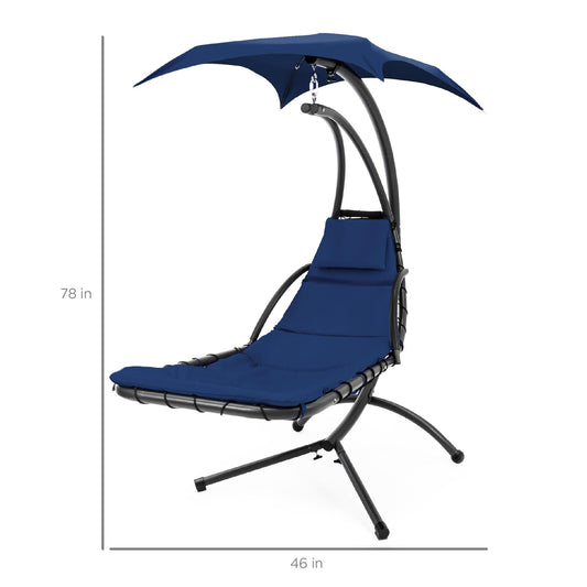 Hanging curved steel chaise lounge swing with canopy and pillow, navy blue.