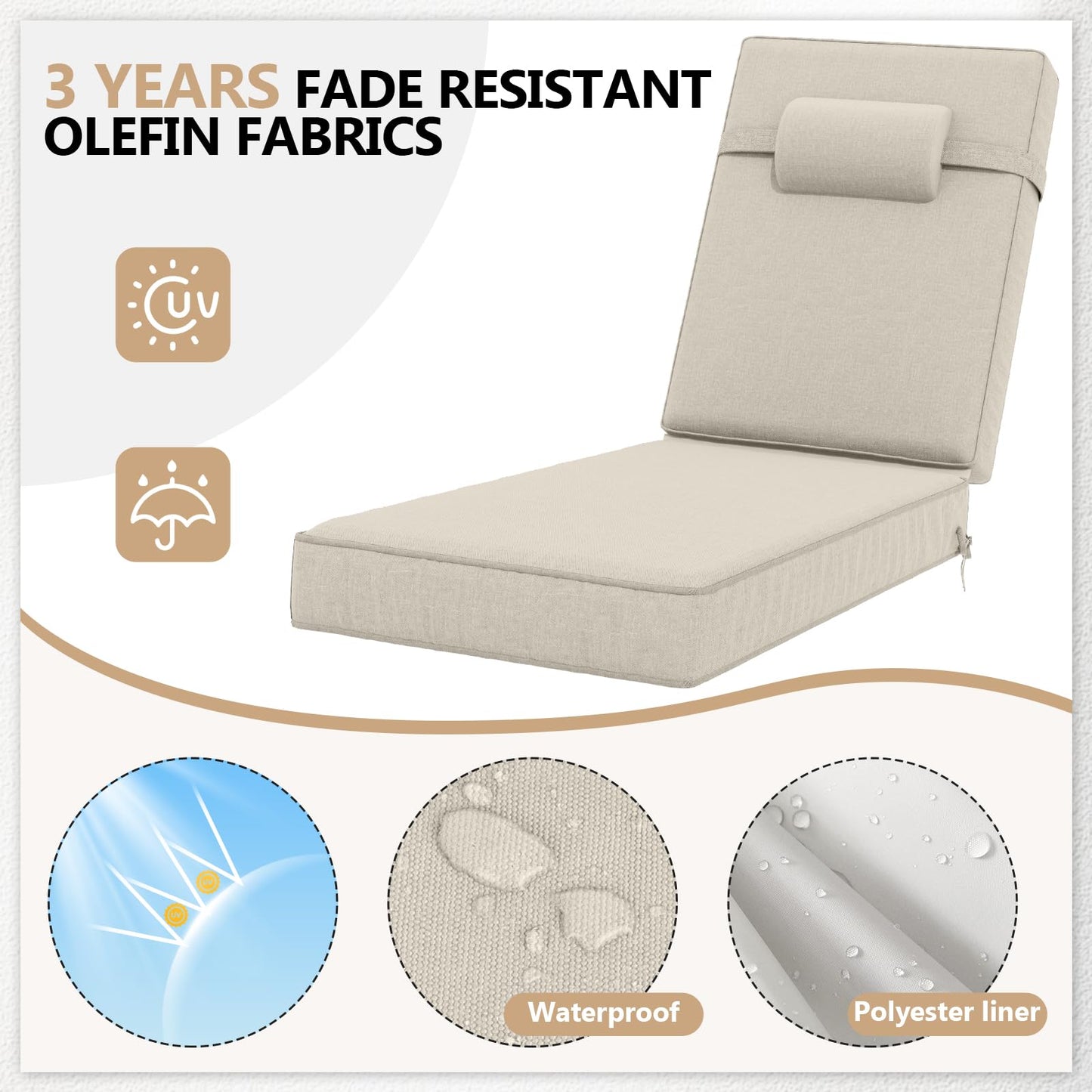 Olefin chaise lounge cushion set of 4, weather-resistant, with headrest, 72x21x4.