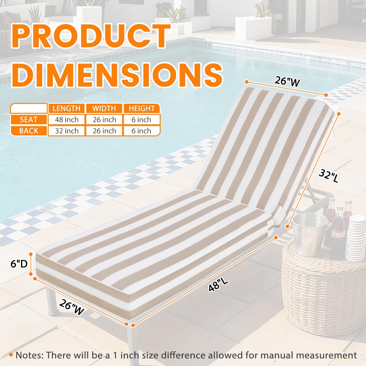 Sundale chaise cushion set of 2, water-resistant, cabana stripe tan, 80x26x6.