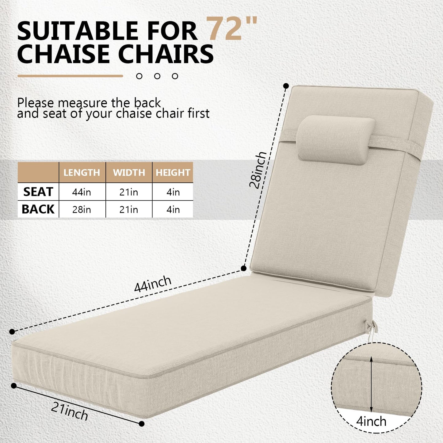 Olefin chaise lounge cushion set of 4, weather-resistant, with headrest, 72x21x4.