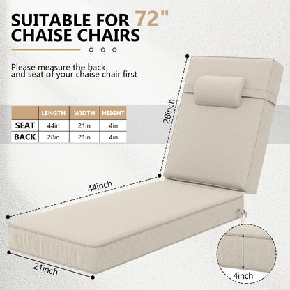 Olefin chaise lounge cushion set of 4, weather-resistant, with headrest, 72x21x4.