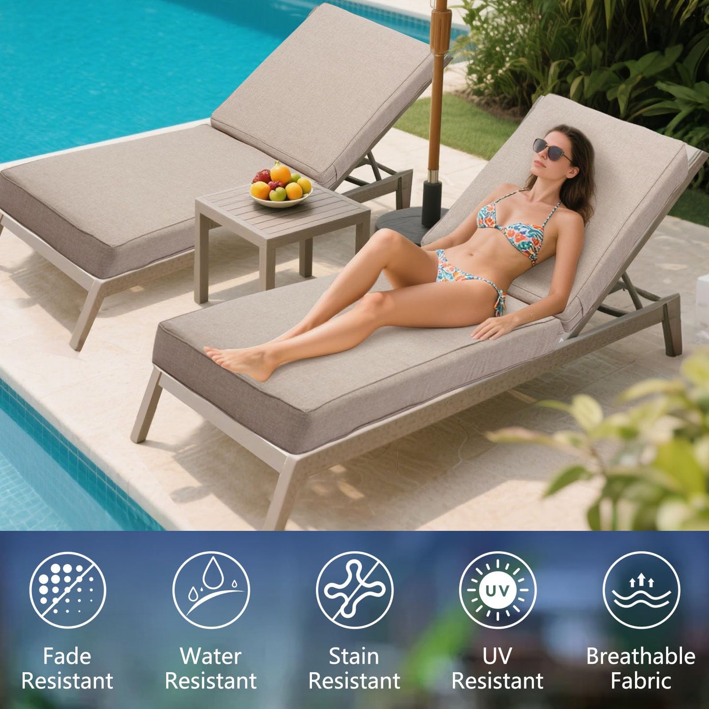 UFavo Home outdoor chaise cushion set of 2, waterproof, thick 80x26x6, khaki.