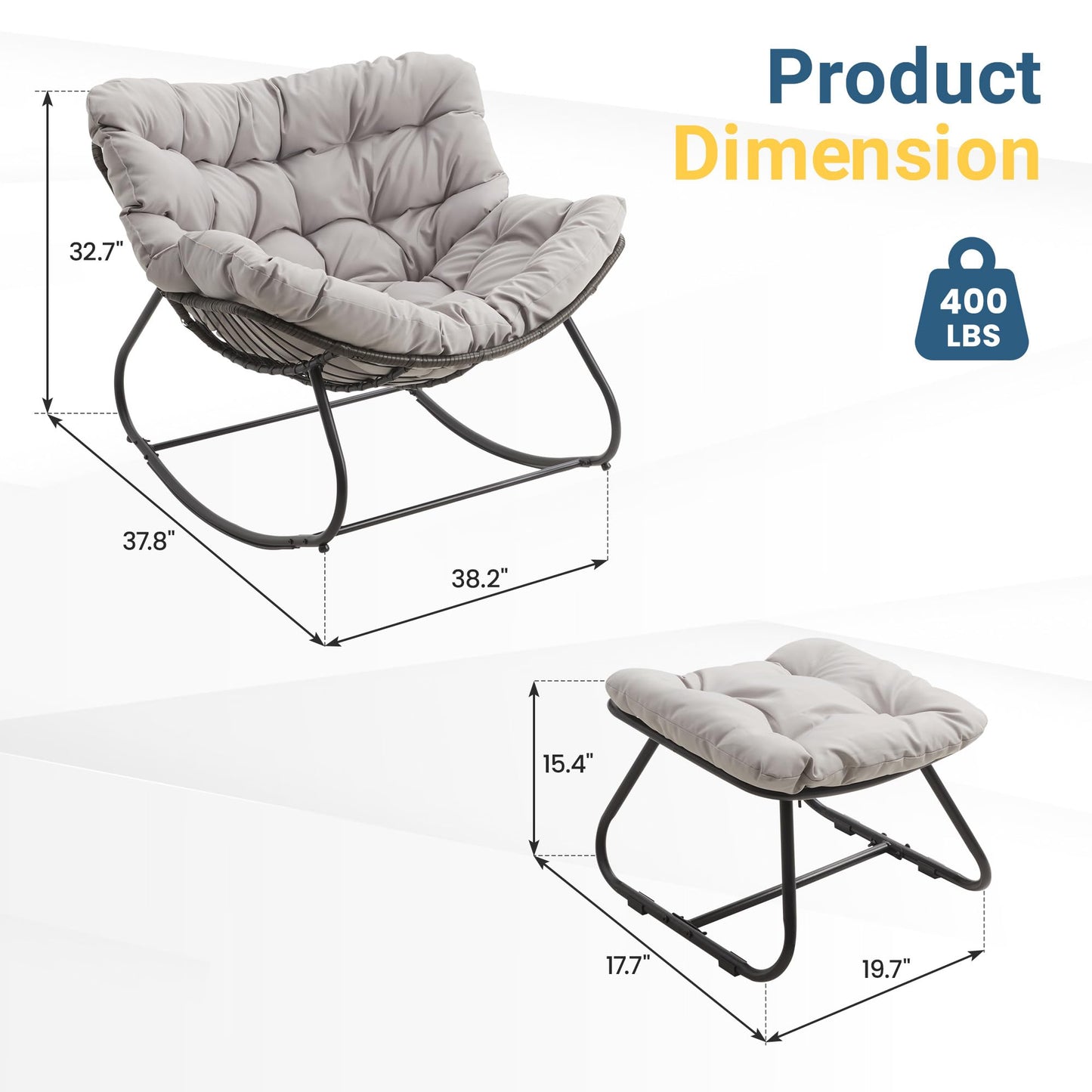 Wisteria Lane rocking egg chair with ottoman, cushioned wicker lounge for indoor/outdoor, light grey.