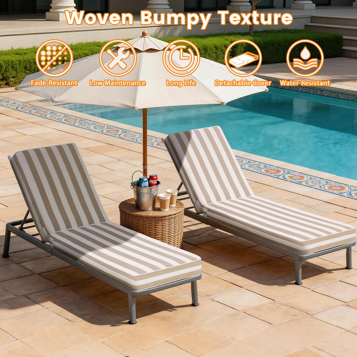 Sundale chaise cushion set of 2, water-resistant, cabana stripe tan, 80x26x6.