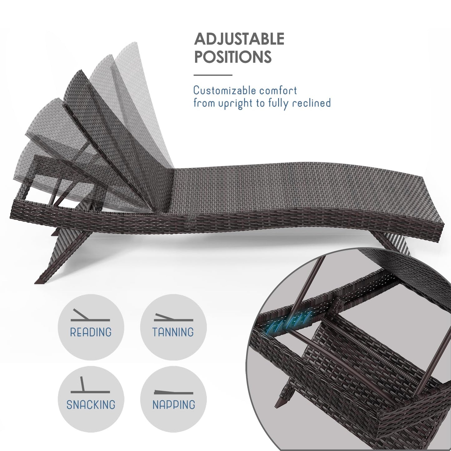 Nestl wicker outdoor chaise lounge set of 2 with adjustable reclining backrest.