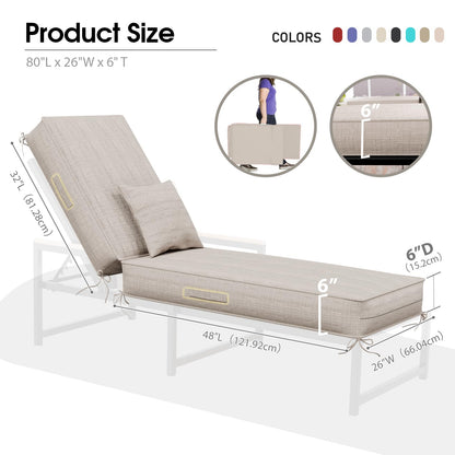 Outdoor chaise cushion set of 2, waterproof olefin, 80x26x6, light beige with straps.