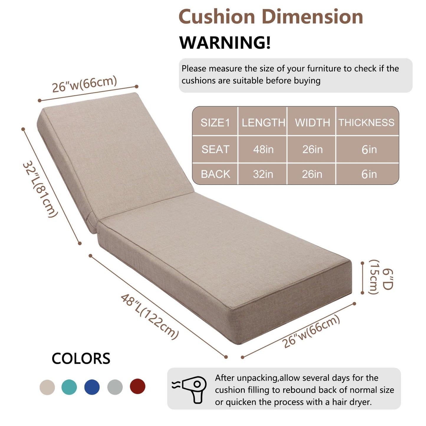 UFavo Home outdoor chaise cushion set of 2, waterproof, thick 80x26x6, khaki.