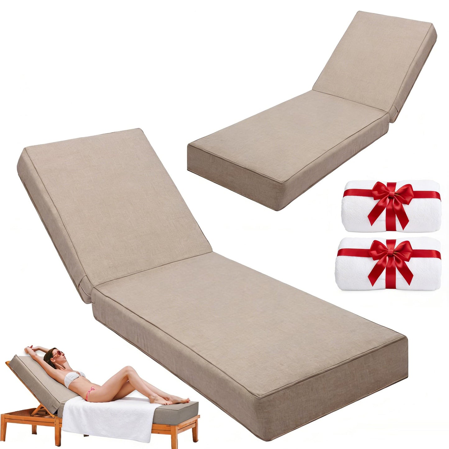 UFavo Home outdoor chaise cushion set of 2, waterproof, thick 80x26x6, khaki.