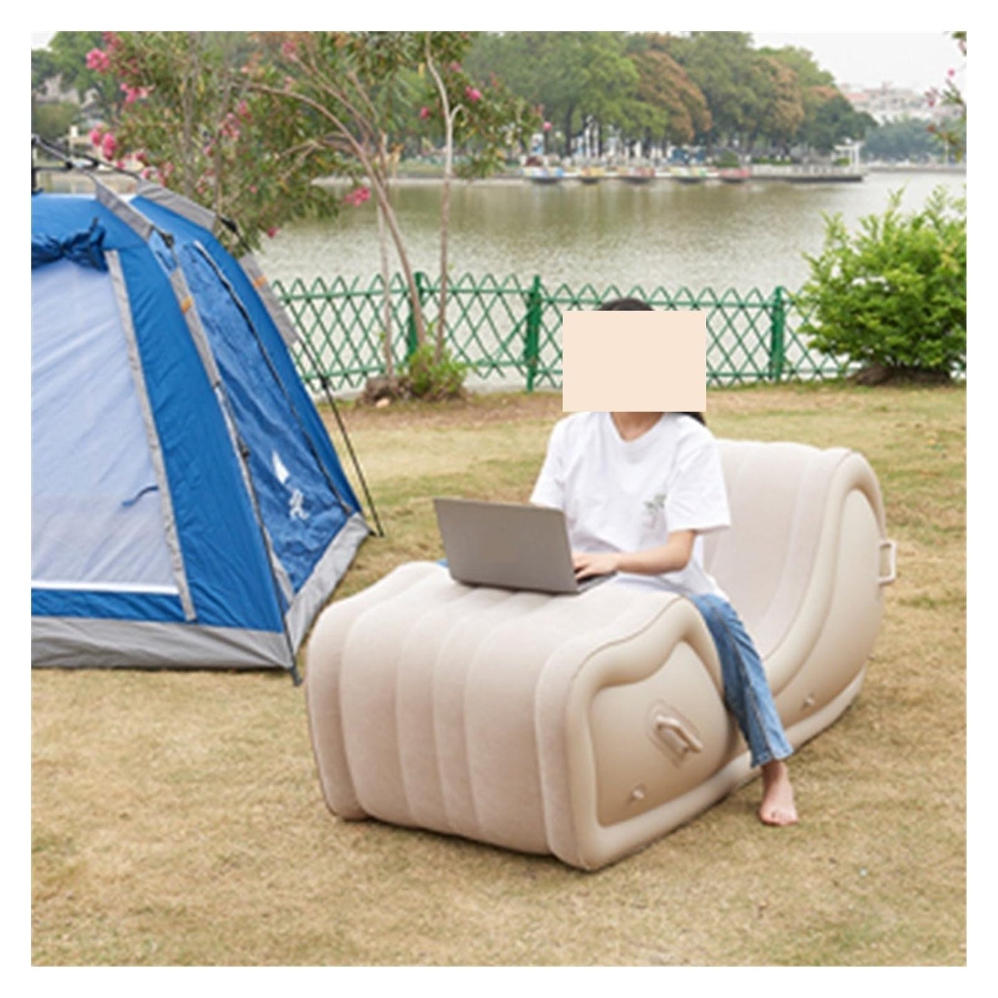 Portable inflatable sofa bed, lazy folding lounge chair with armrests for outdoor garden, modern and lightweight.