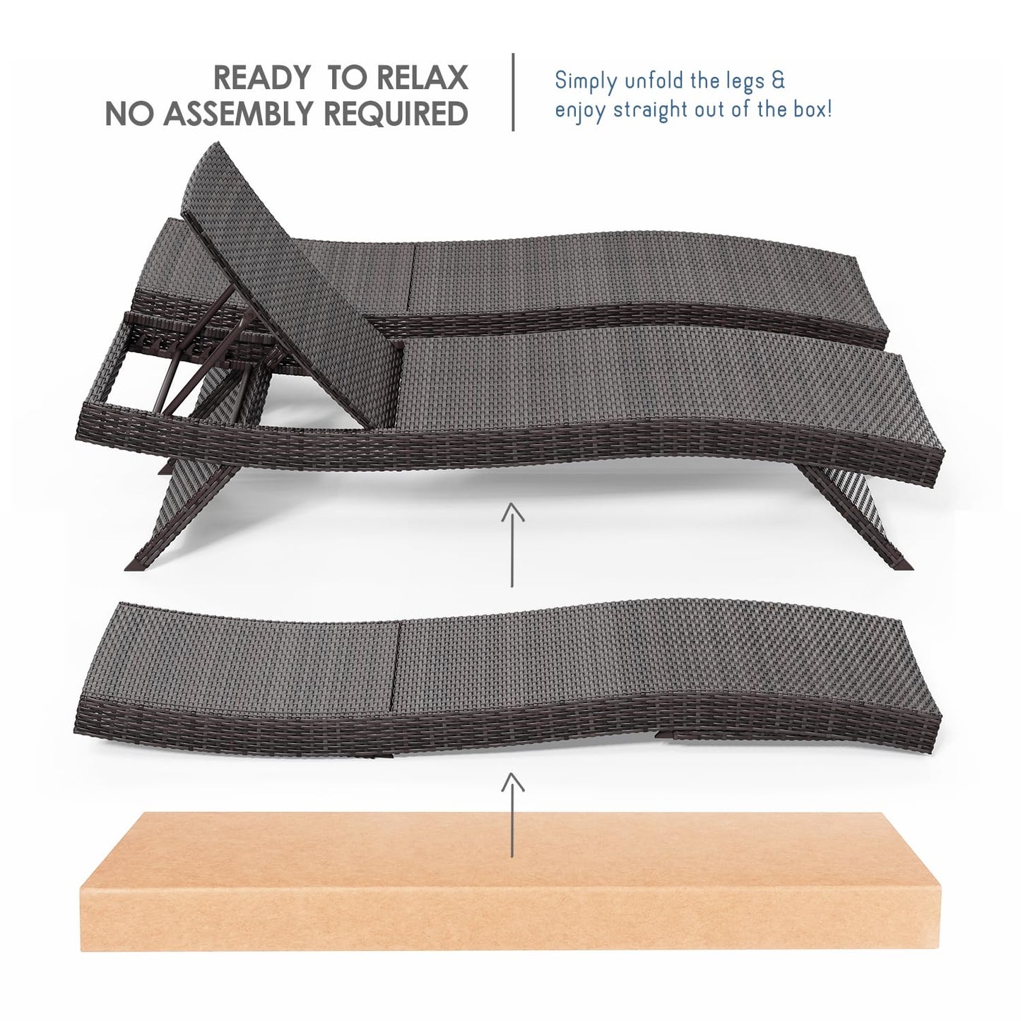 Nestl wicker outdoor chaise lounge set of 2 with adjustable reclining backrest.