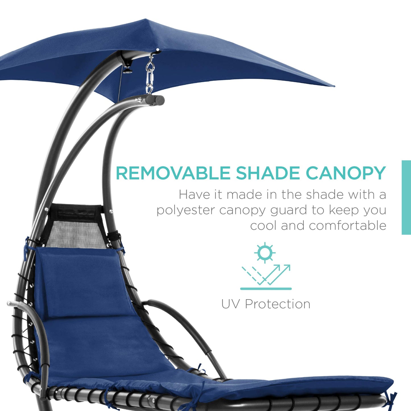 Hanging curved steel chaise lounge swing with canopy and pillow, navy blue.