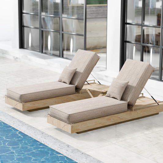 Outdoor chaise cushion set of 2, waterproof olefin, 80x26x6, light beige with straps.