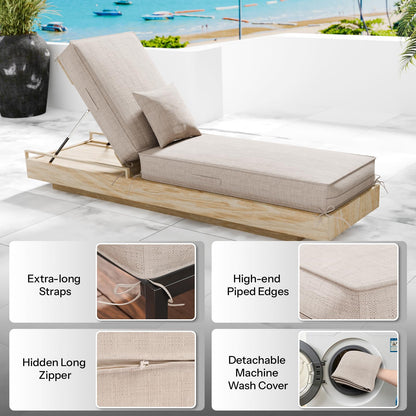 Outdoor chaise cushion set of 2, waterproof olefin, 80x26x6, light beige with straps.