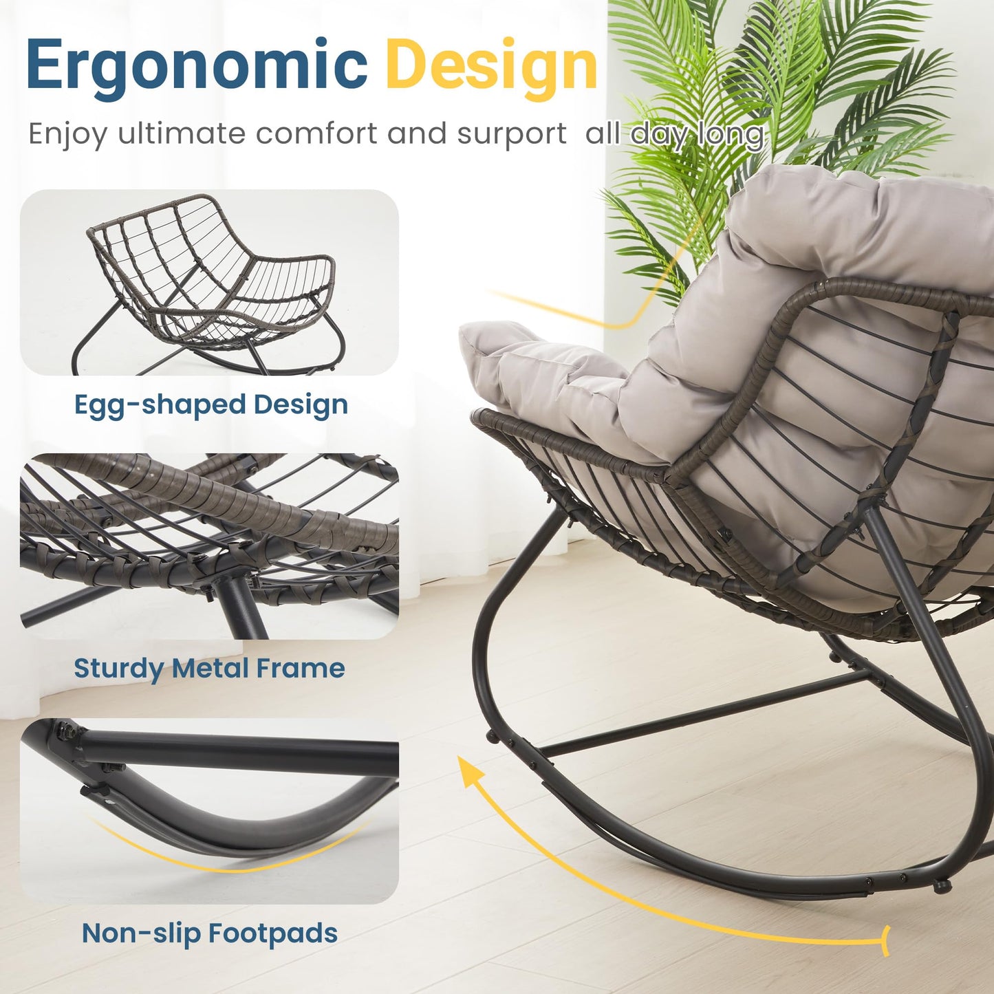 Wisteria Lane rocking egg chair with ottoman, cushioned wicker lounge for indoor/outdoor, light grey.