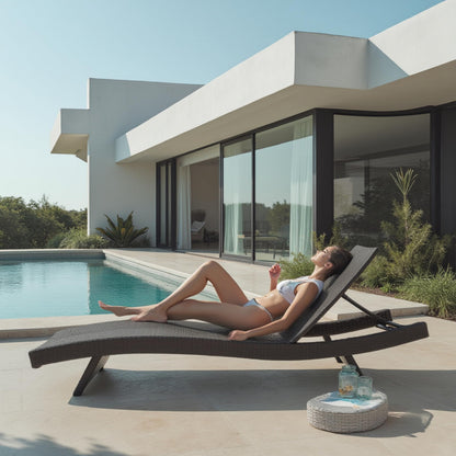 Nestl wicker outdoor chaise lounge set of 2 with adjustable reclining backrest.