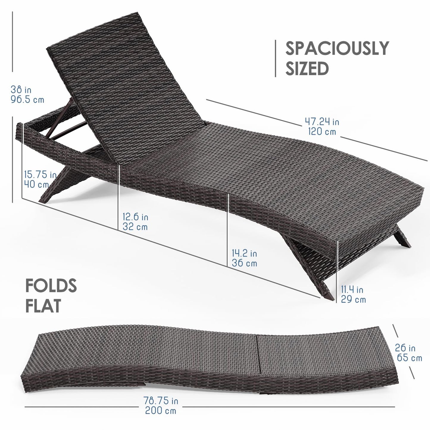 Nestl wicker outdoor chaise lounge set of 2 with adjustable reclining backrest.