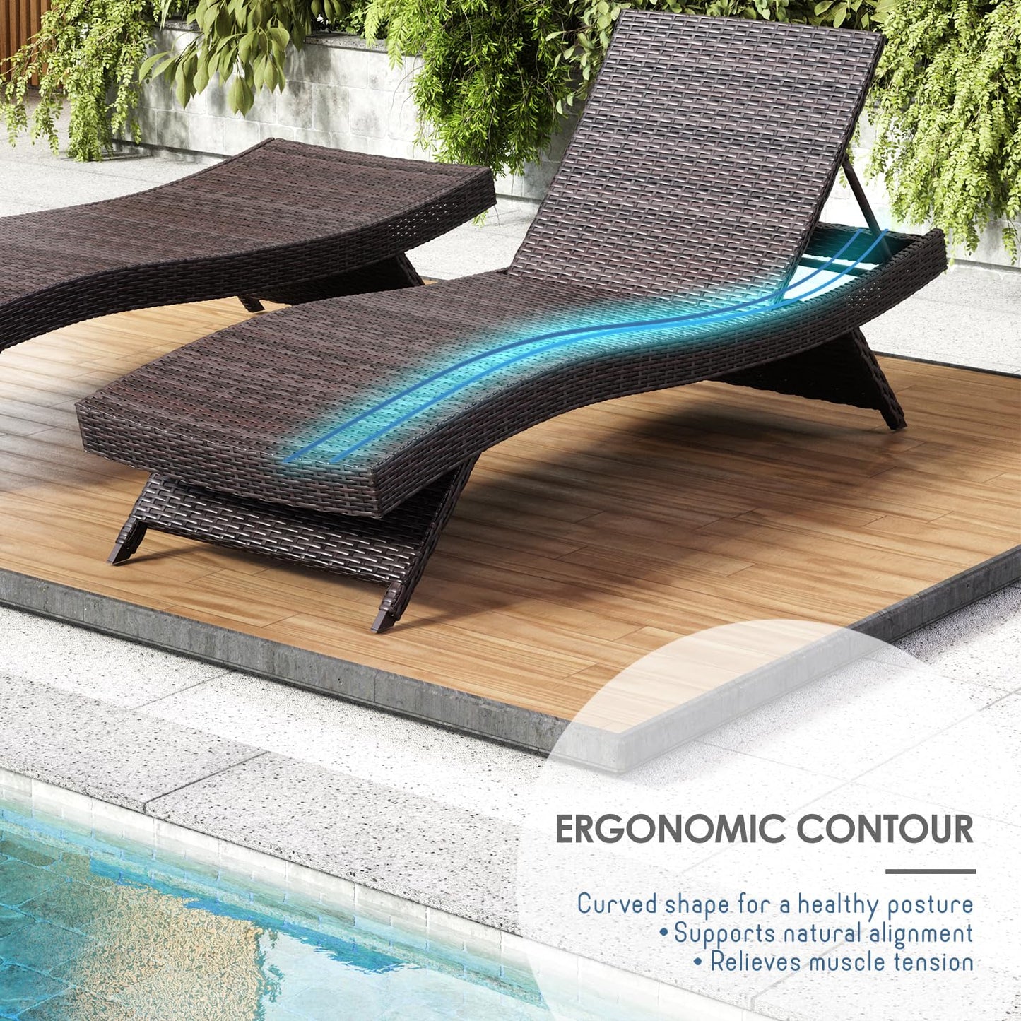 Nestl wicker outdoor chaise lounge set of 2 with adjustable reclining backrest.