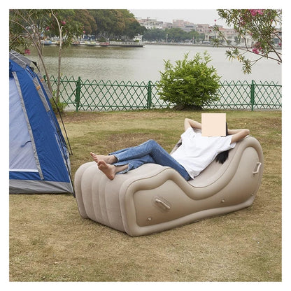 Portable inflatable sofa bed, lazy folding lounge chair with armrests for outdoor garden, modern and lightweight.