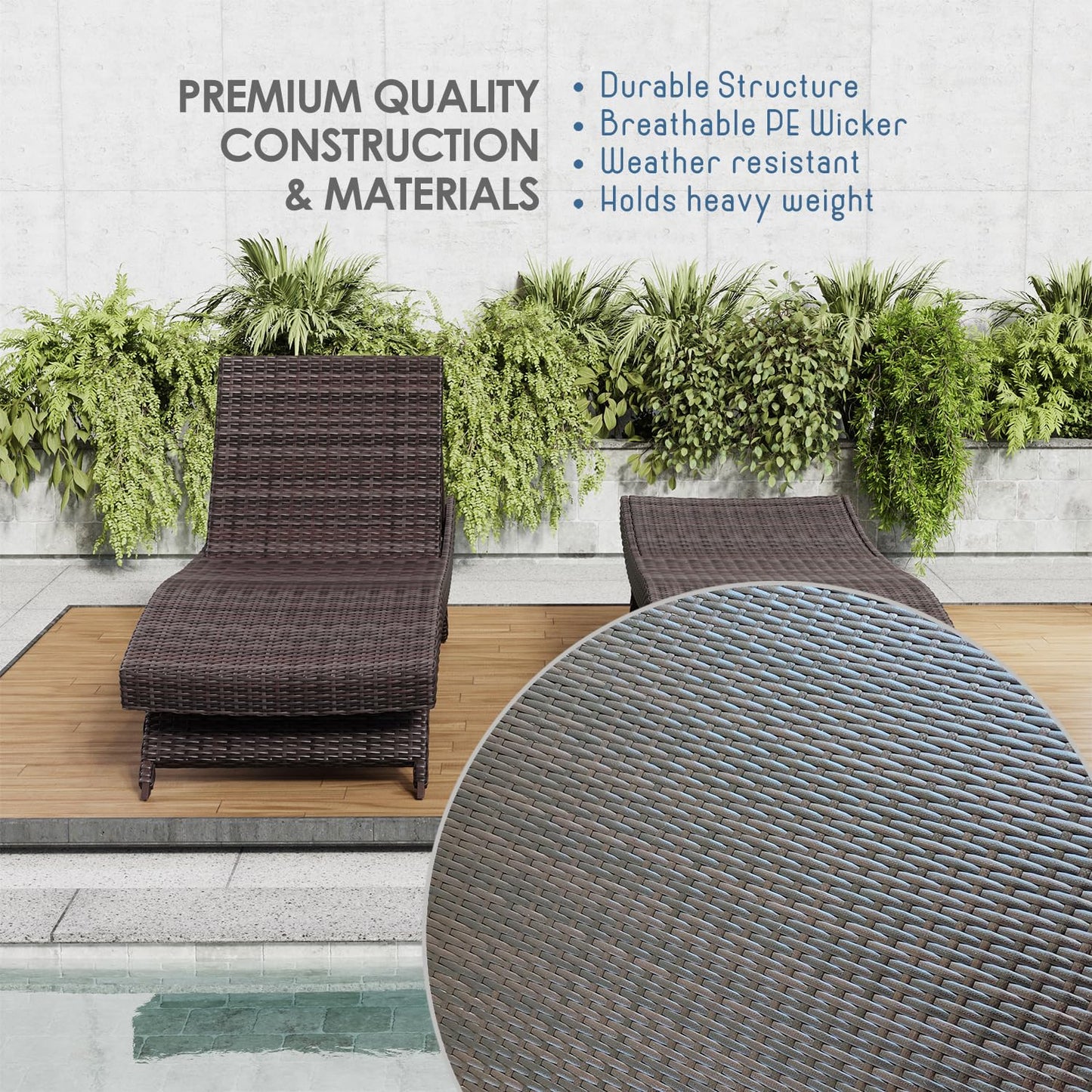 Nestl wicker outdoor chaise lounge set of 2 with adjustable reclining backrest.