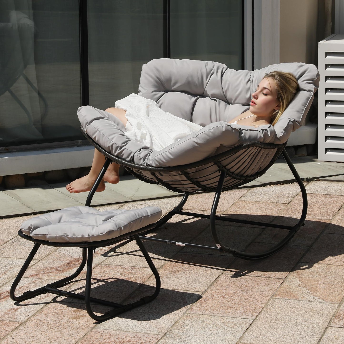 Wisteria Lane rocking egg chair with ottoman, cushioned wicker lounge for indoor/outdoor, light grey.