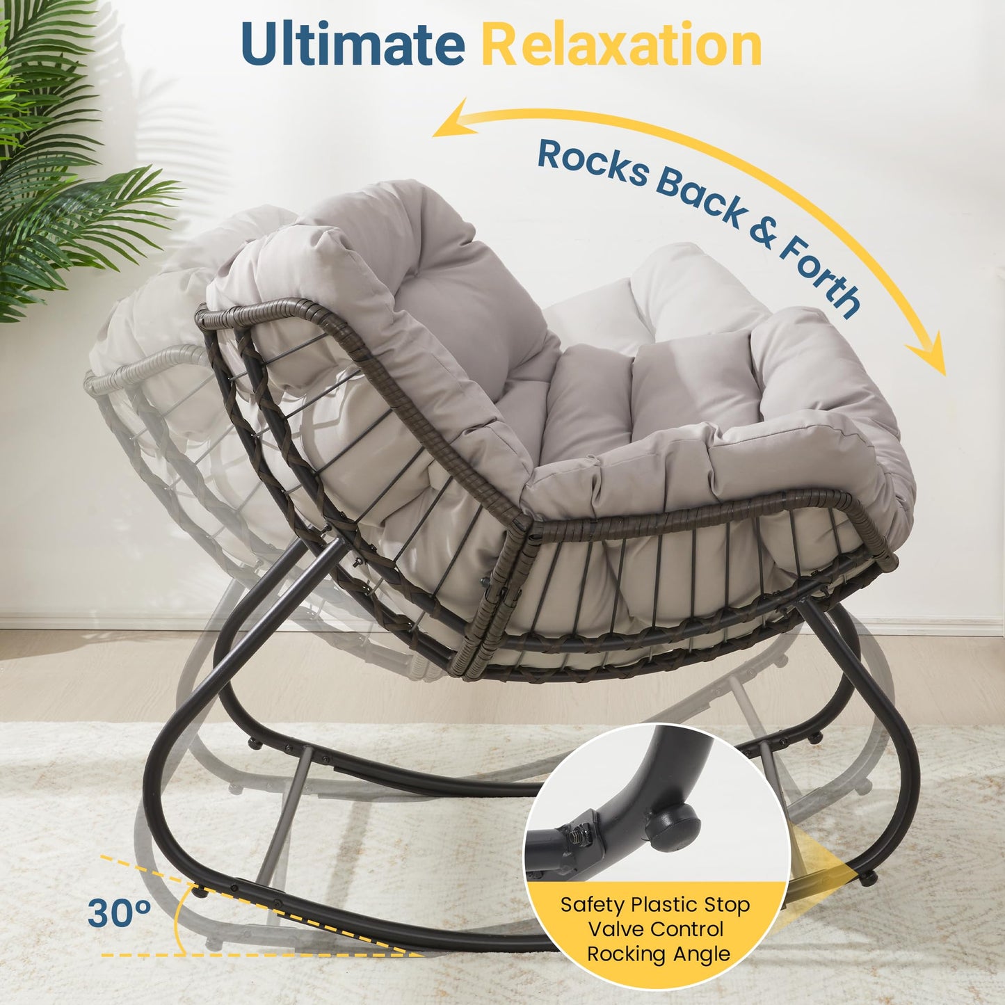 Wisteria Lane rocking egg chair with ottoman, cushioned wicker lounge for indoor/outdoor, light grey.
