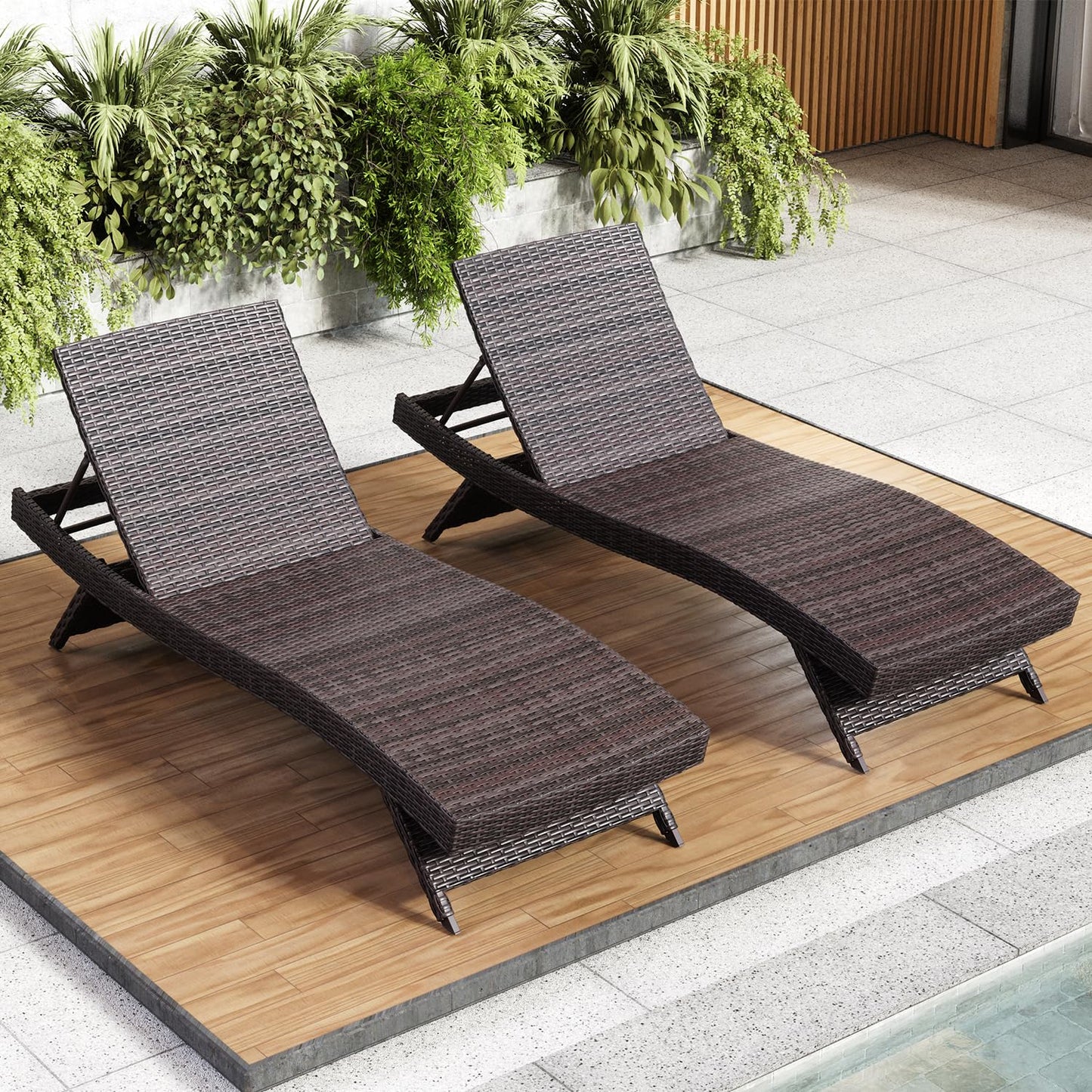 Nestl wicker outdoor chaise lounge set of 2 with adjustable reclining backrest.