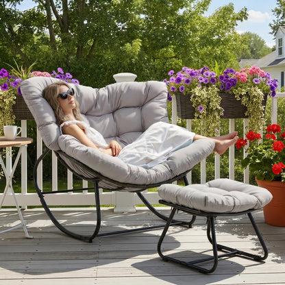 Wisteria Lane rocking egg chair with ottoman, cushioned wicker lounge for indoor/outdoor, light grey.