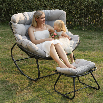 Wisteria Lane rocking egg chair with ottoman, cushioned wicker lounge for indoor/outdoor, light grey.